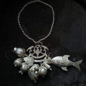 X-Large Antique Afro-Brazilian Penca De Balangandan Silver Amulet with 10 Charms